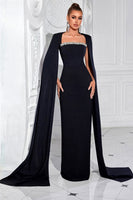 Load image into Gallery viewer, Sparkly Black Sheath Satin Beaded Long Prom Dress with Cape