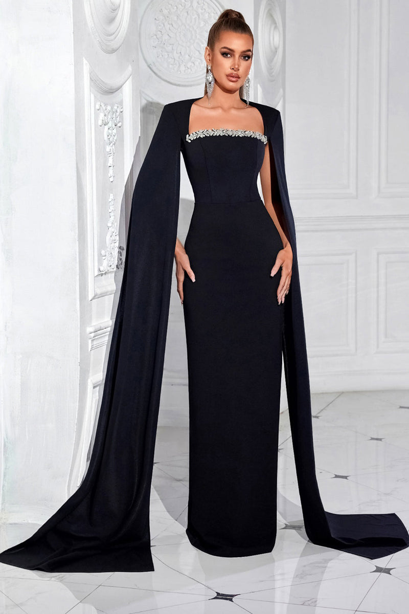 Load image into Gallery viewer, Sparkly Black Sheath Satin Beaded Long Prom Dress with Cape