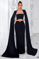 Load image into Gallery viewer, Sparkly Black Sheath Satin Beaded Long Prom Dress with Cape