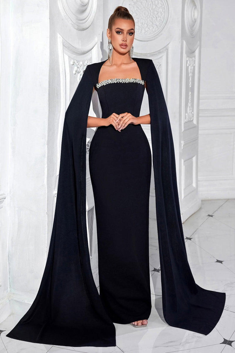Load image into Gallery viewer, Sparkly Black Sheath Satin Beaded Long Prom Dress with Cape