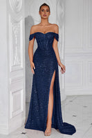 Load image into Gallery viewer, Sparkly Burgundy Off the Shoulder Sequin Long Corset Prom Dress with Slit