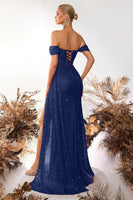 Load image into Gallery viewer, Sparkly Burgundy Off the Shoulder Sequin Long Corset Prom Dress with Slit