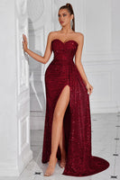 Load image into Gallery viewer, Sparkly Burgundy Sweetheart Sequin Ruched Long Prom Dress with Side Cape