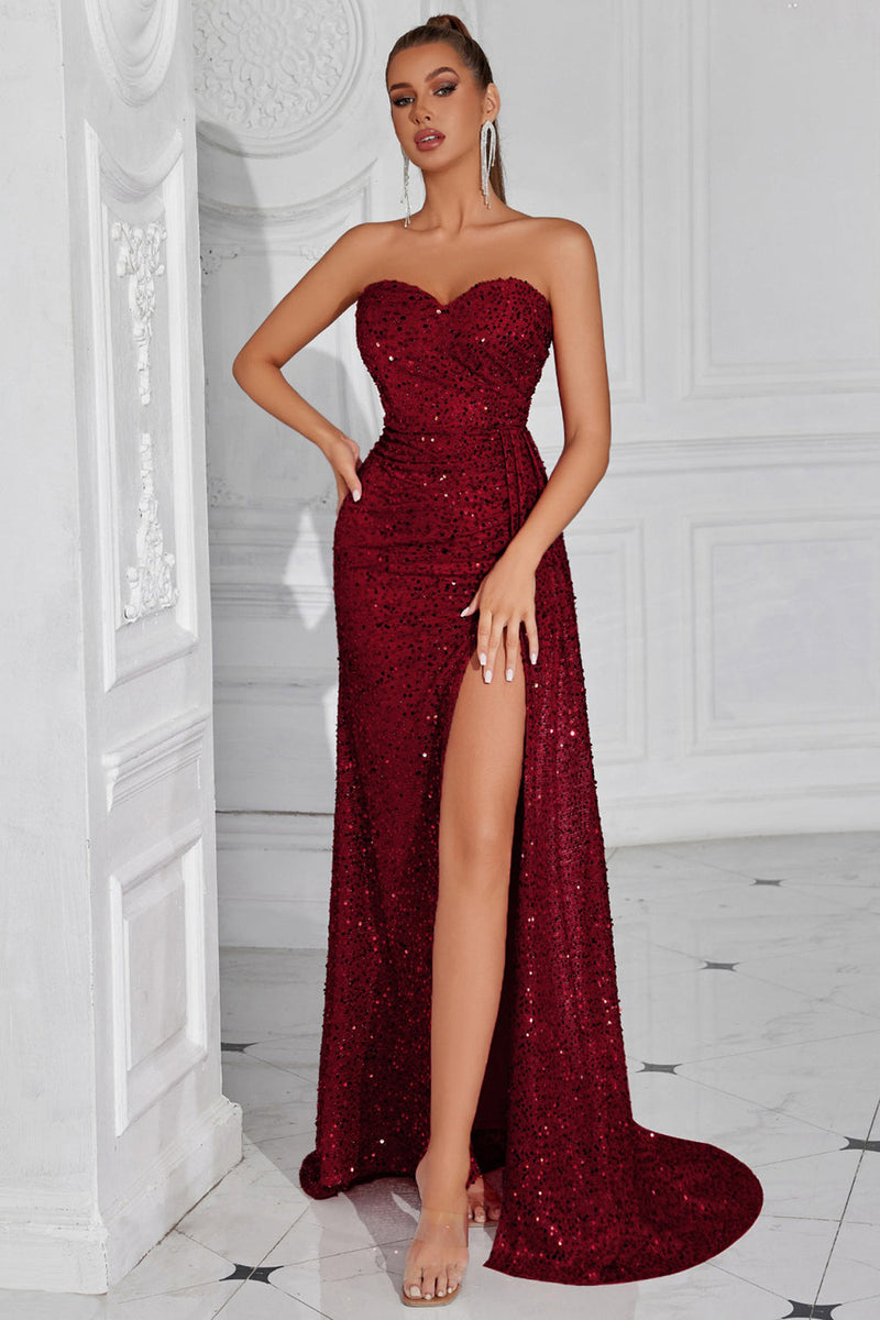 Load image into Gallery viewer, Sparkly Burgundy Sweetheart Sequin Ruched Long Prom Dress with Side Cape