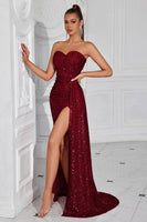 Load image into Gallery viewer, Sparkly Burgundy Sweetheart Sequin Ruched Long Prom Dress with Side Cape