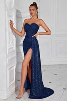 Load image into Gallery viewer, Sparkly Burgundy Sweetheart Sequin Ruched Long Prom Dress with Side Cape