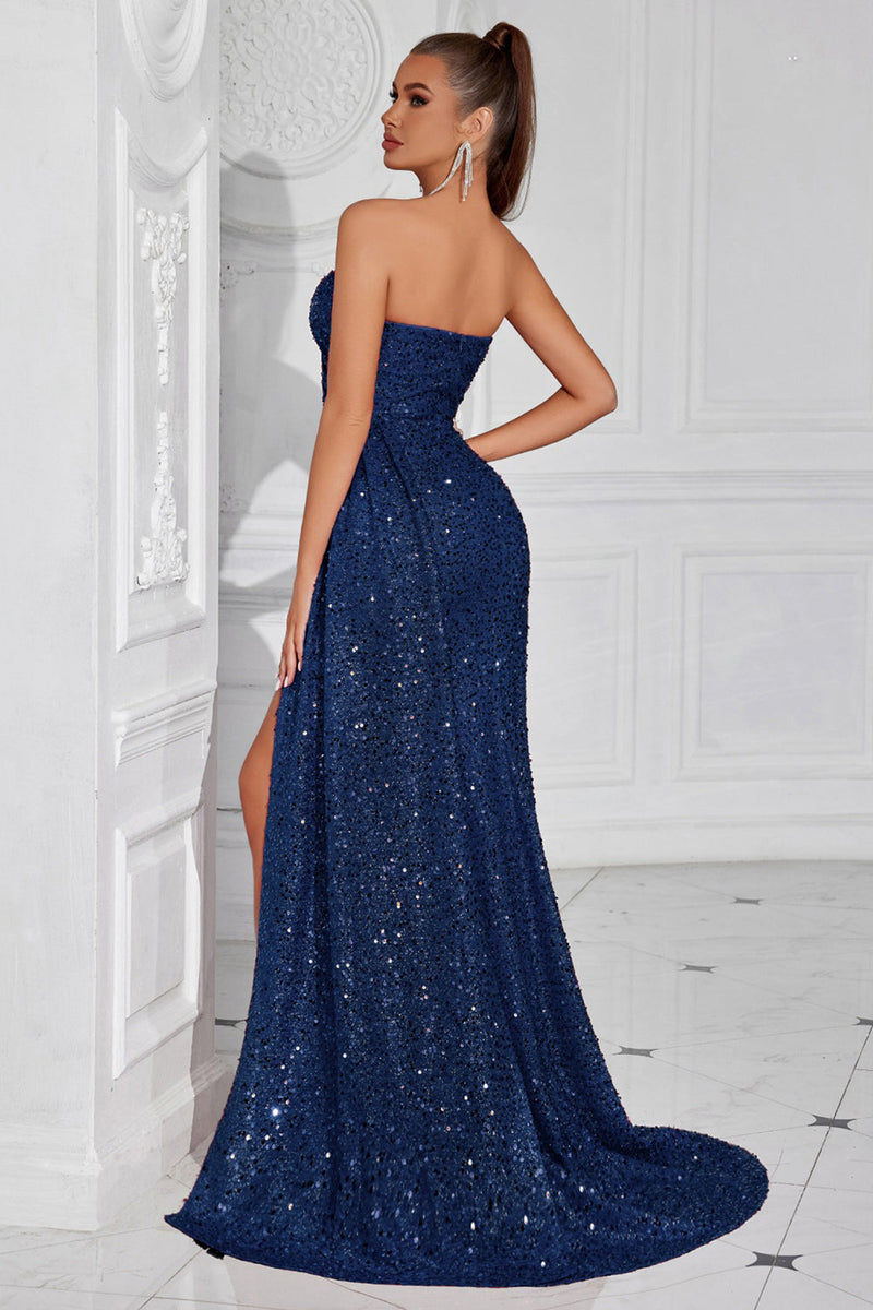 Load image into Gallery viewer, Sparkly Burgundy Sweetheart Sequin Ruched Long Prom Dress with Side Cape