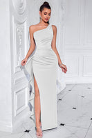 Load image into Gallery viewer, Black Mermaid Ruffled Satin One Shoulder Long Prom Dress with Slit