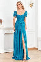 Load image into Gallery viewer, Blue A Line Ruched Sash Sweetheart Long Prom Dress with Slit