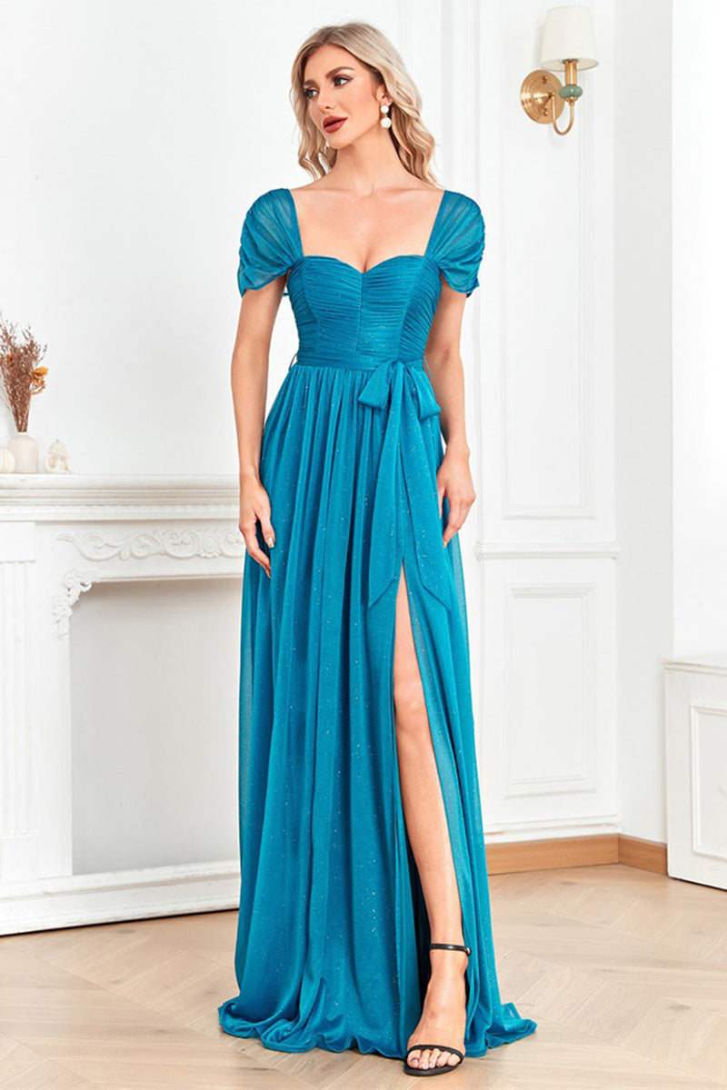 Load image into Gallery viewer, Blue A Line Ruched Sash Sweetheart Long Prom Dress with Slit