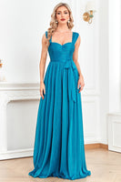Load image into Gallery viewer, Blue A Line Ruched Sash Sweetheart Long Prom Dress with Slit