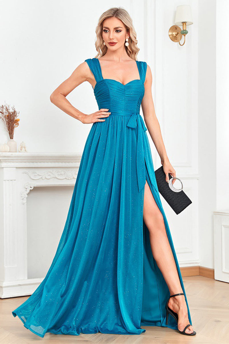 Load image into Gallery viewer, Blue A Line Ruched Sash Sweetheart Long Prom Dress with Slit