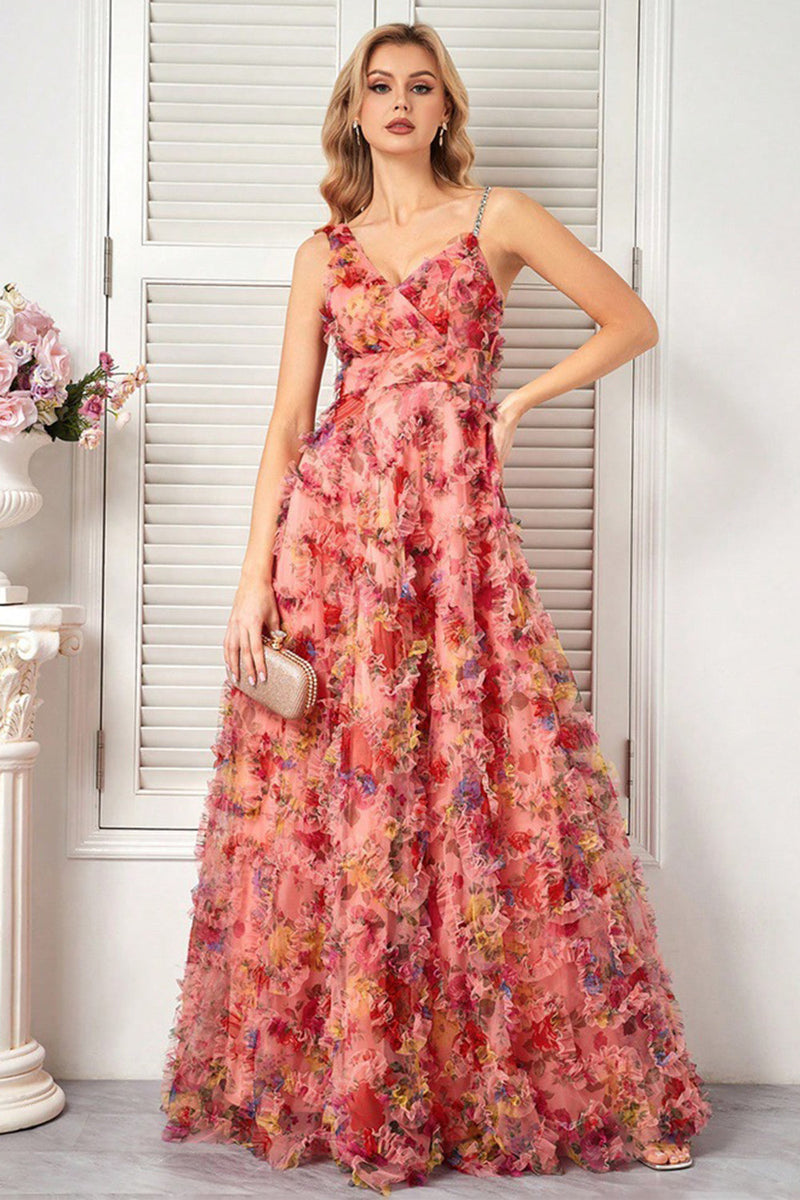 Load image into Gallery viewer, Floral Blush Spaghetti Straps A Line Long Prom Dress with Ruffles