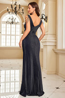 Load image into Gallery viewer, Sparkly Black V-Neck Mermaid Ruched Long Prom Dress with Beading