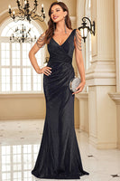 Load image into Gallery viewer, Sparkly Black V-Neck Mermaid Ruched Long Prom Dress with Beading