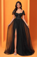 Load image into Gallery viewer, Queendancer Women Black Tulle Long Corset Prom Dress with Slit A Line Sweetheart Lace Up Back Appliqued Formal Dress with Sleeves