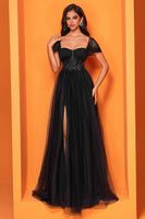 Load image into Gallery viewer, Black A Line Tulle Sweetheart Long Corset Prom Dress with Slit