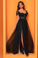 Load image into Gallery viewer, Black A Line Tulle Sweetheart Long Corset Prom Dress with Slit