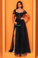 Load image into Gallery viewer, Black A Line Tulle Sweetheart Long Corset Prom Dress with Slit