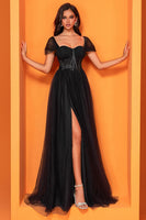 Load image into Gallery viewer, Black A Line Tulle Sweetheart Long Corset Prom Dress with Slit