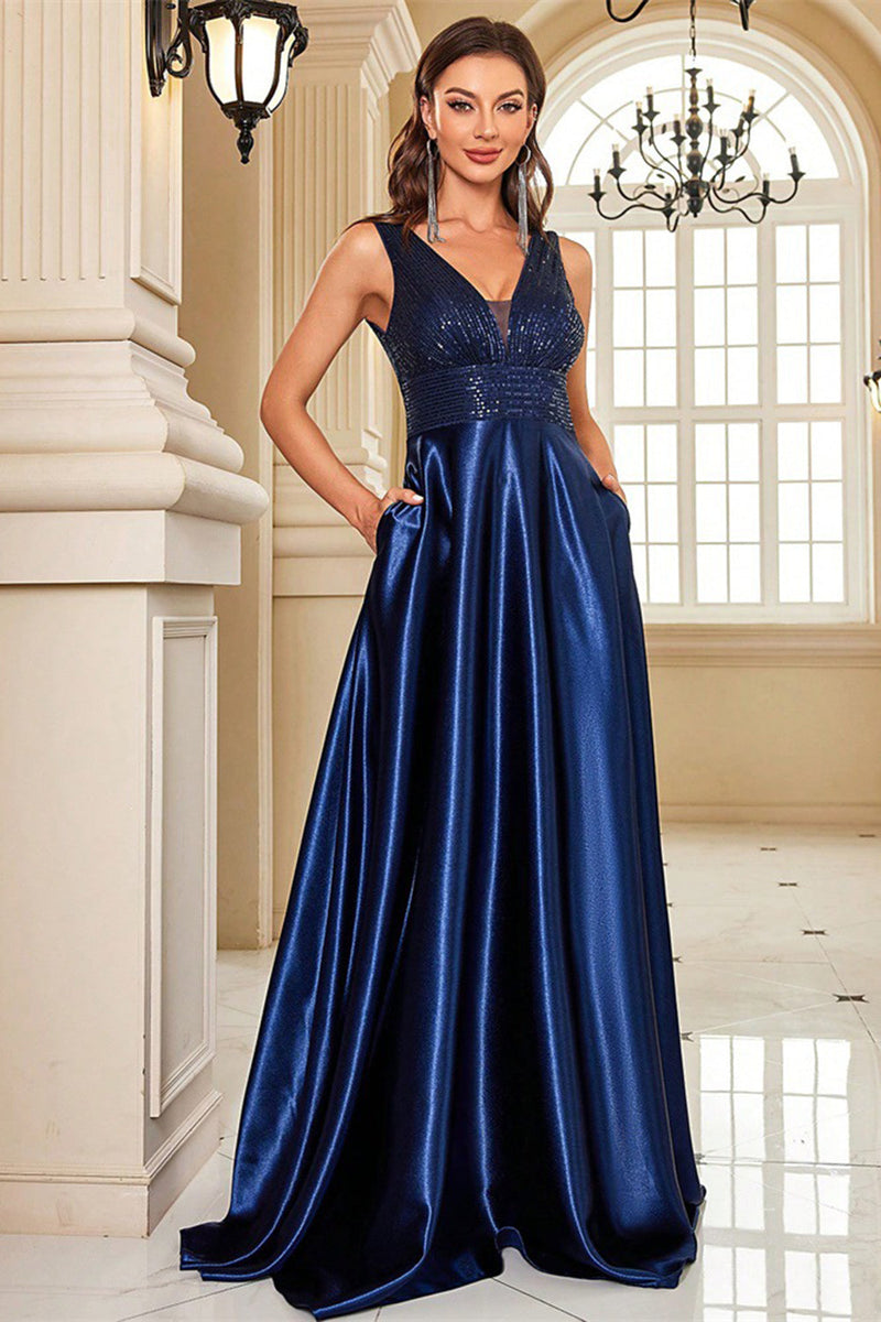 Load image into Gallery viewer, Sparkly Navy Satin A Line V-Neck Long Prom Dress with Beading
