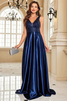 Load image into Gallery viewer, Sparkly Navy Satin A Line V-Neck Long Prom Dress with Beading
