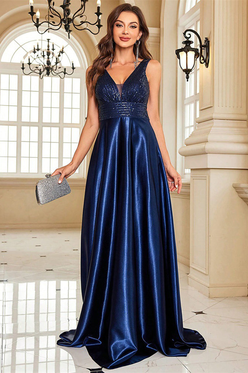Load image into Gallery viewer, Sparkly Navy Satin A Line V-Neck Long Prom Dress with Beading