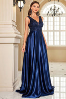 Load image into Gallery viewer, Sparkly Navy Satin A Line V-Neck Long Prom Dress with Beading