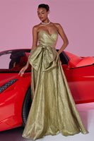 Load image into Gallery viewer, Gold Metallic A Line Sweetheart Long Prom Dress with Bow