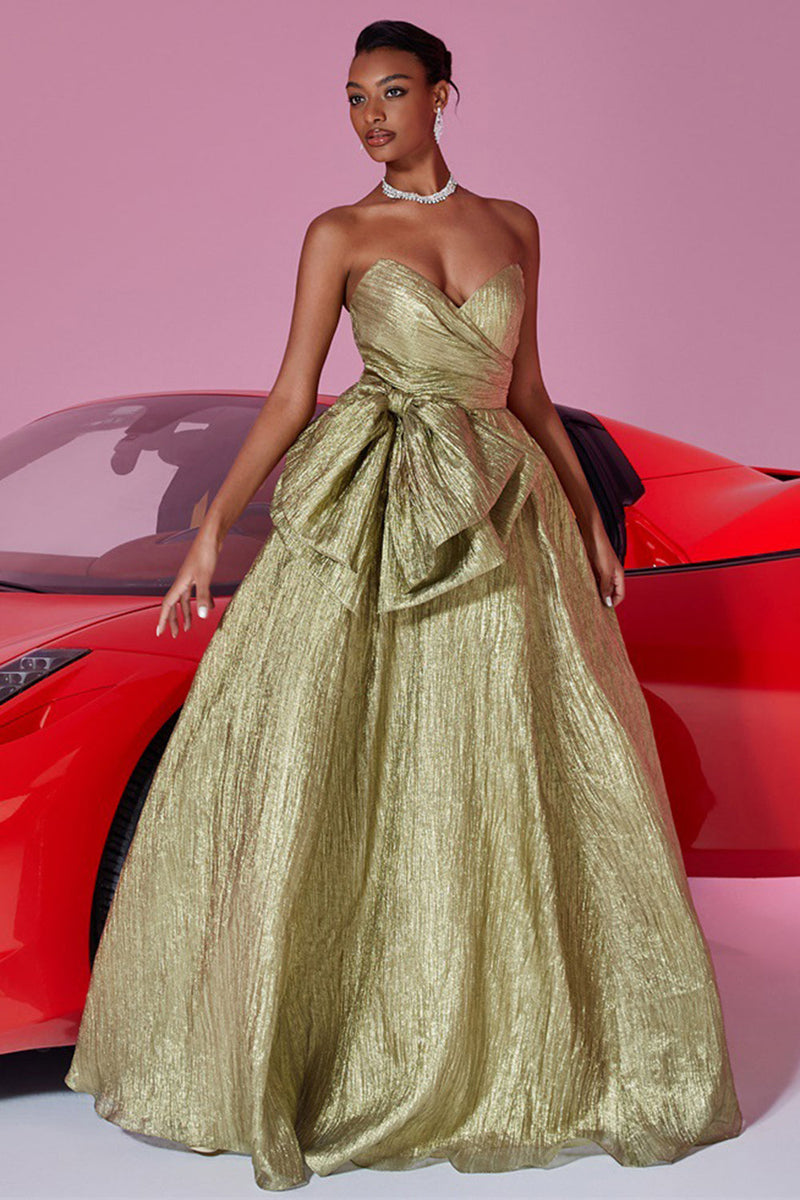 Load image into Gallery viewer, Gold Metallic A Line Sweetheart Long Prom Dress with Bow