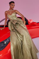 Load image into Gallery viewer, Gold Metallic A Line Sweetheart Long Prom Dress with Bow