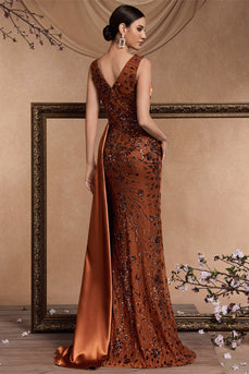 Sparkly Floral Brown Satin Mermaid V-Neck Long Mother of the Bride Dress with Side Cape