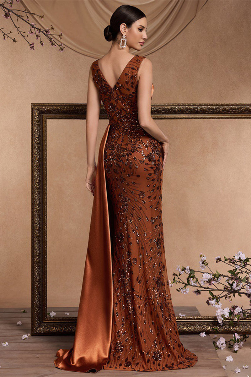 Load image into Gallery viewer, Sparkly Floral Brown Satin Mermaid V-Neck Long Mother of the Bride Dress with Side Cape