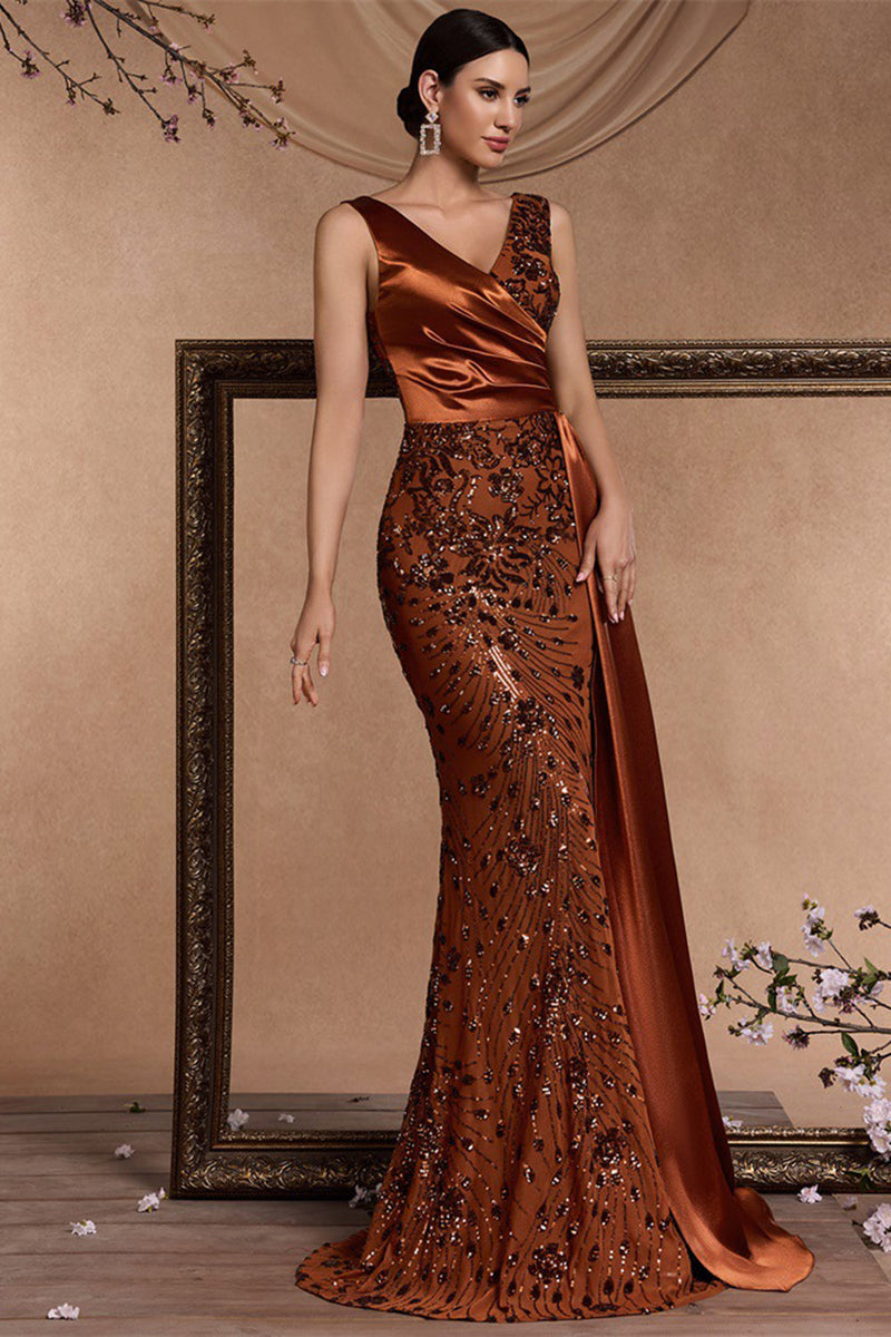 Load image into Gallery viewer, Sparkly Floral Brown Satin Mermaid V-Neck Long Mother of the Bride Dress with Side Cape