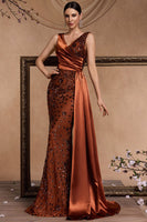 Load image into Gallery viewer, Sparkly Floral Brown Satin Mermaid V-Neck Long Mother of the Bride Dress with Side Cape
