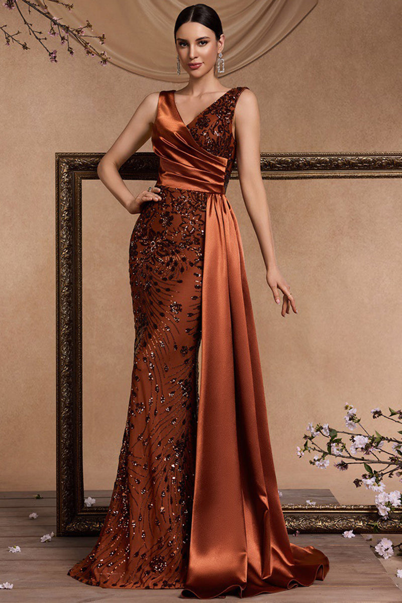 Load image into Gallery viewer, Sparkly Floral Brown Satin Mermaid V-Neck Long Mother of the Bride Dress with Side Cape