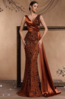 Load image into Gallery viewer, Sparkly Floral Brown Satin Mermaid V-Neck Long Mother of the Bride Dress with Side Cape