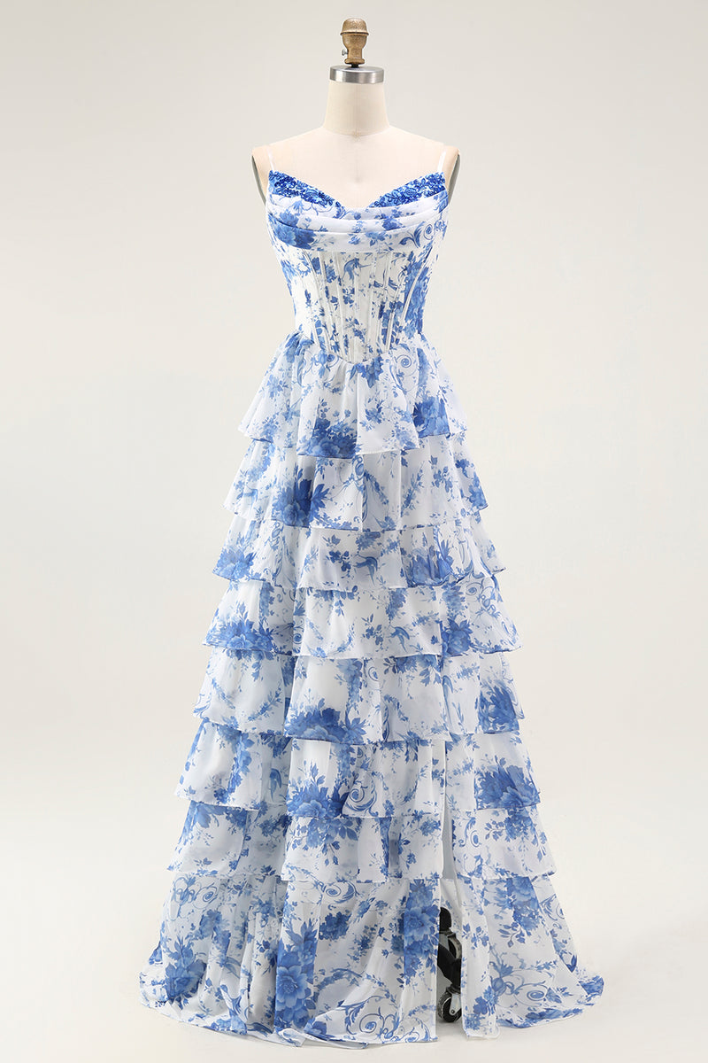 Load image into Gallery viewer, Floral White and Blue A Line Tiered Strapless Long Prom Dress with Ruffles
