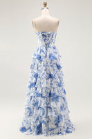 Load image into Gallery viewer, Floral White and Blue A Line Tiered Strapless Long Prom Dress with Ruffles