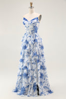 Load image into Gallery viewer, Floral White and Blue A Line Tiered Strapless Long Prom Dress with Ruffles