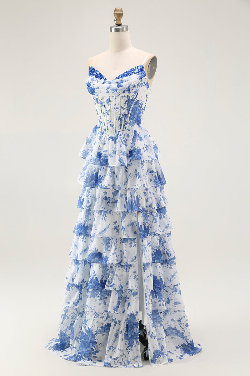 Load image into Gallery viewer, Floral White and Blue A Line Tiered Strapless Long Prom Dress with Ruffles