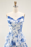 Load image into Gallery viewer, Floral White and Blue A Line Tiered Strapless Long Prom Dress with Ruffles