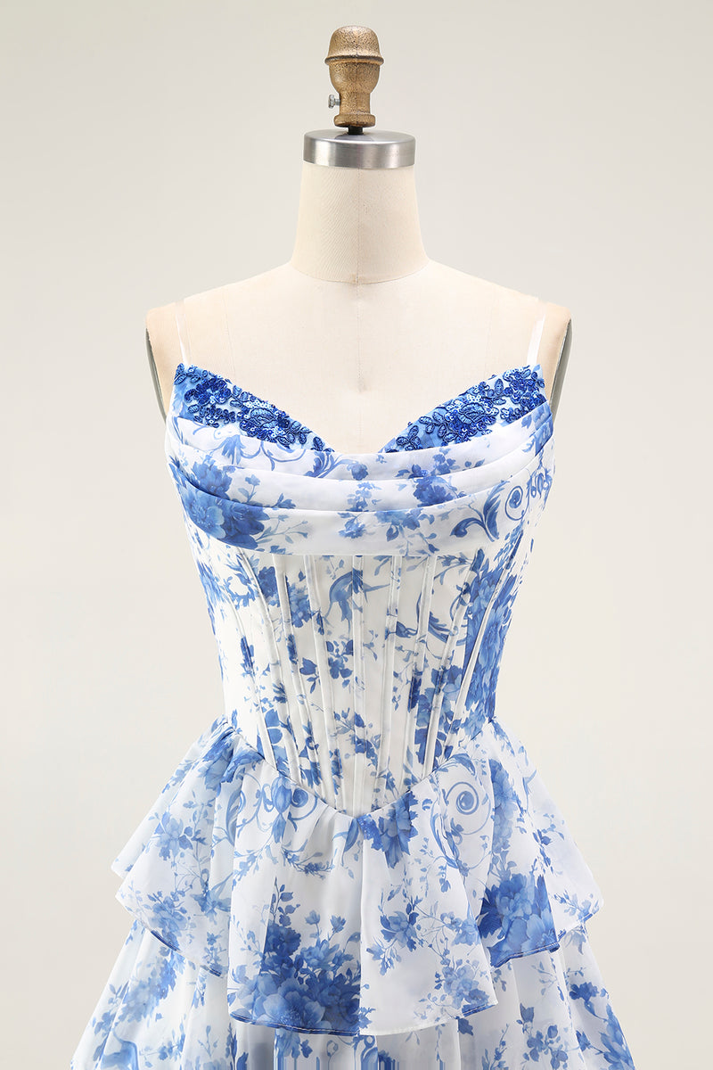 Load image into Gallery viewer, Floral White and Blue A Line Tiered Strapless Long Prom Dress with Ruffles