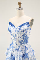 Load image into Gallery viewer, Floral White and Blue A Line Tiered Strapless Long Prom Dress with Ruffles