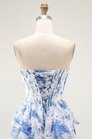Load image into Gallery viewer, Floral White and Blue A Line Tiered Strapless Long Prom Dress with Ruffles