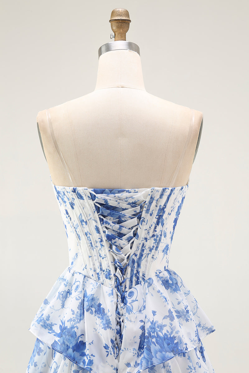 Load image into Gallery viewer, Floral White and Blue A Line Tiered Strapless Long Prom Dress with Ruffles
