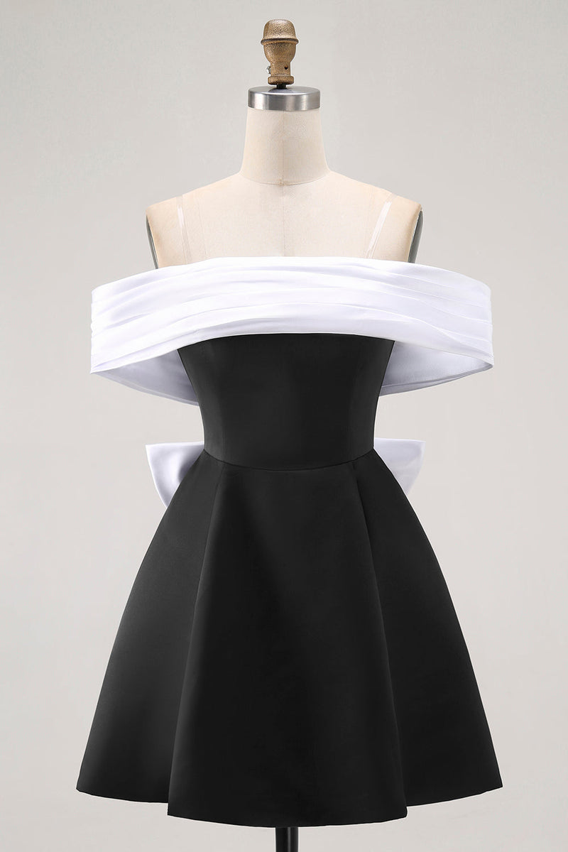 Load image into Gallery viewer, Black A Line Off the Shoulder Short Homecoming Dress with Bow