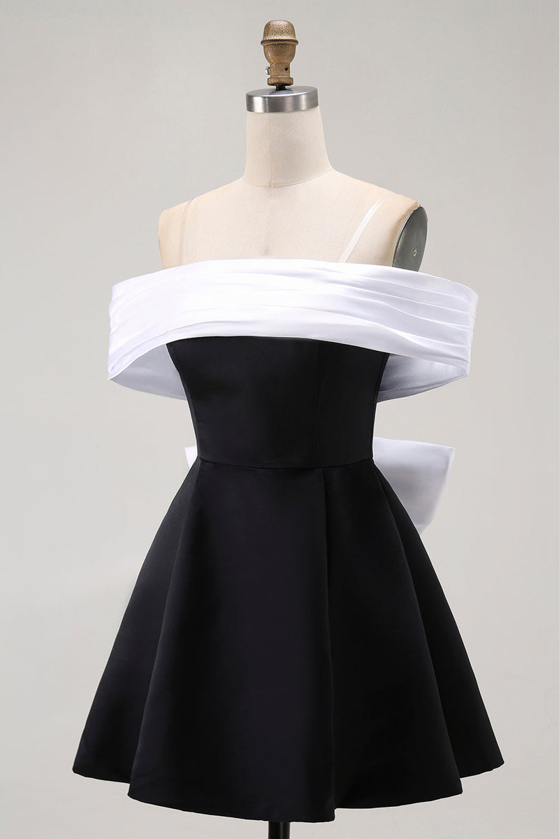 Load image into Gallery viewer, Black A Line Off the Shoulder Short Homecoming Dress with Bow