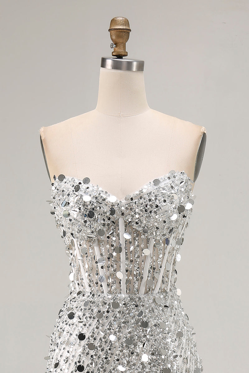 Load image into Gallery viewer, Sparkly Sequin Mermaid Strapless Long Corset Prom Dress with Slit