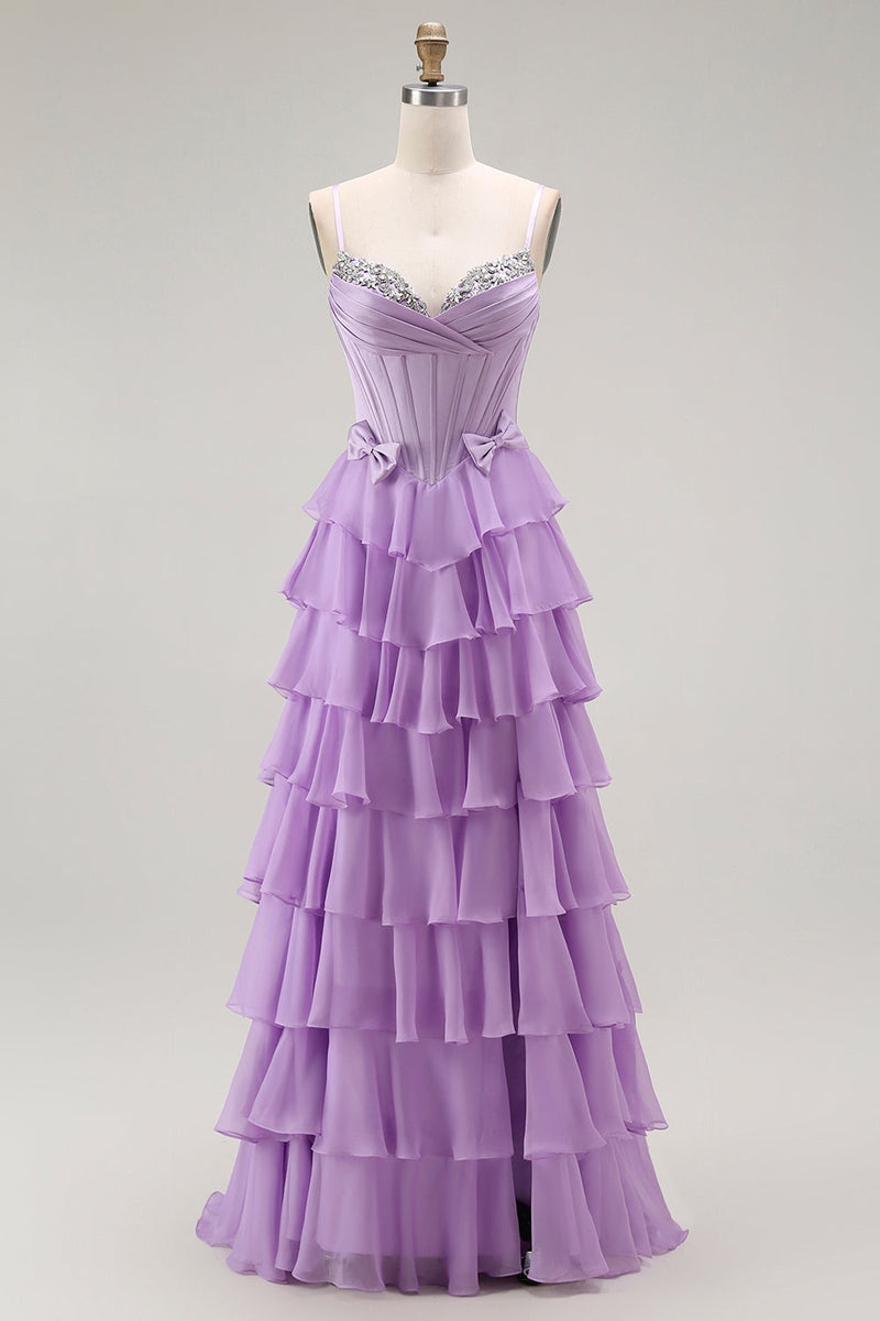 Load image into Gallery viewer, Sparkly Purple Chiffon Tiered A Line Long Corset Prom Dress with Bows